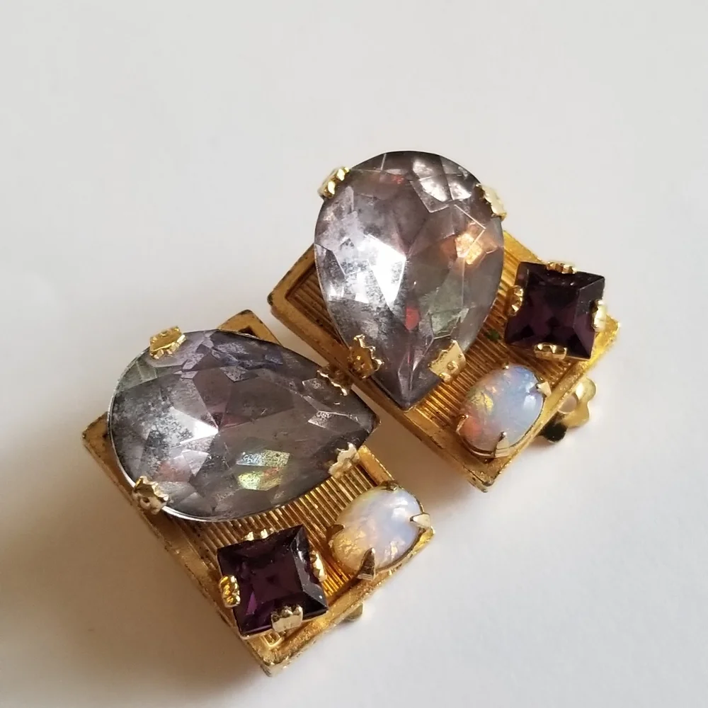 Vintage earrings rhinestone clip on faux opal gold tone rectangular chunky